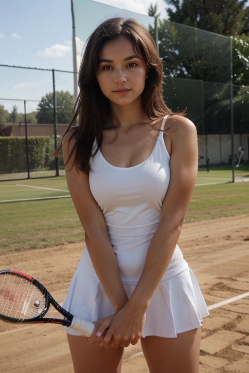 a young woman , brune , brown eyes, playing tennis , 25 years old