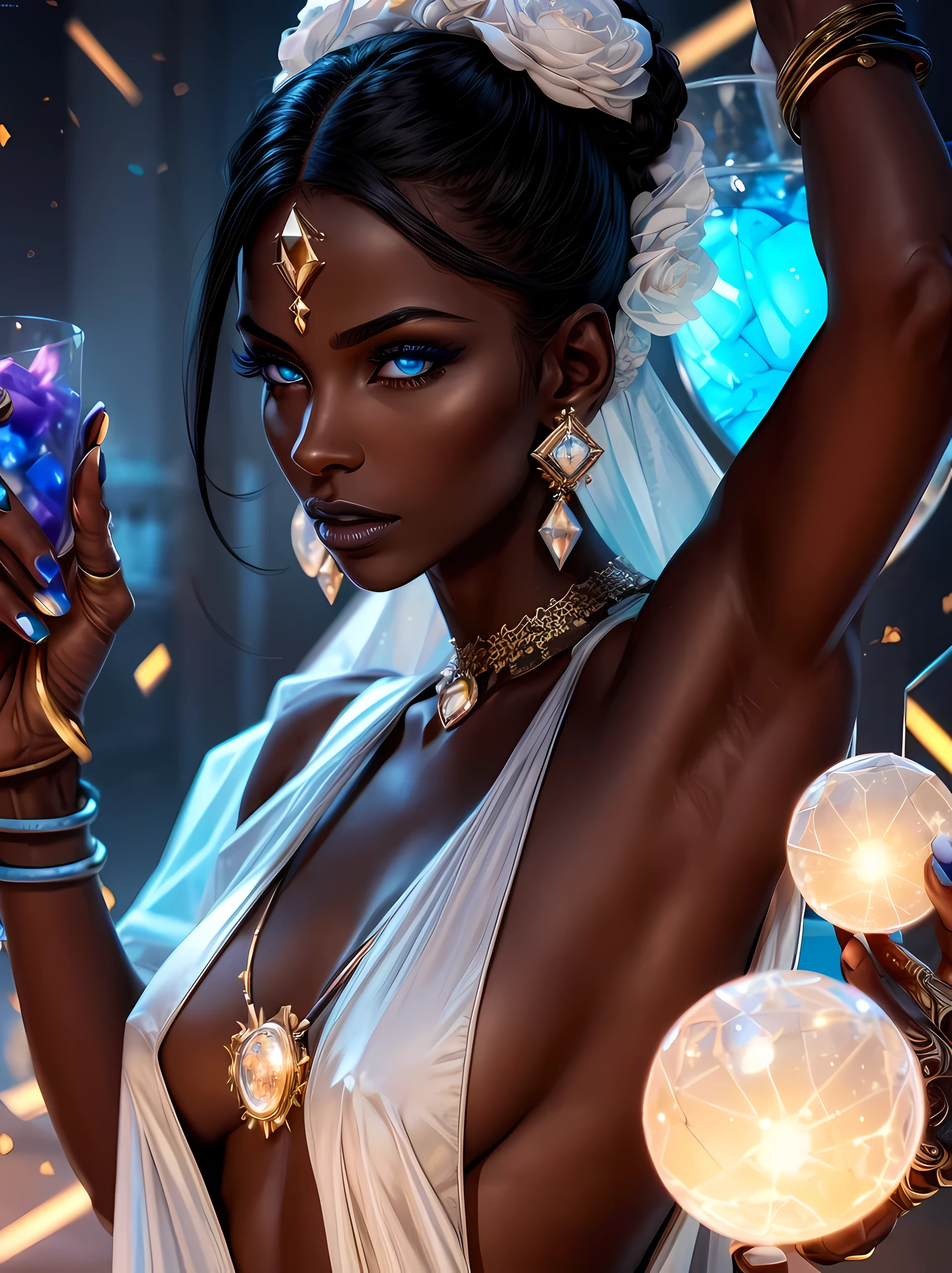 ((perfect whole body)), ((ultra photorealistic)), Top quality, ((Photorealistic)), 16K, High Definition, 16K illustration, textured skin, celestial, splash art, ray tracing, high res, ultra sharp, ((masterpiece)), best quality, ((intricate details)), (((detailed eyes))), (((perfect face))) (((detailed face))), masterpiece, highly detailed exquisite character art, light on face, smoother lighting, ((cinematic light)), ultra-realistic, female goddess of glass, shattered glass, intricate design, glass dancer, neon iridescent clothing, deity, plastic, neon glitter, confetti, (((black skin))), black complexion, (dark complexion), dark skin, neon blue eyes, white hair with light blue highlights, white lipstick, glass ball, glass orb, blue earrings, deity, neon lights, glass particles, white eyelashes, in a kingdom courtroom,