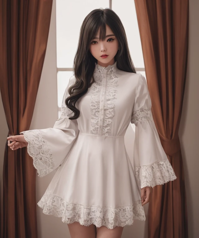 a photo of (saukztf:1.5), looking at viewer, dramatic lighting, looking at viewer, ((masterpiece)), (((bestquality))), ((ultra-detailed)), ((illustration)), ((disheveledhair)), ((lace)), (saukztf), , (solo), dynamicangle, bigtopsleeves, expressionless, cute outfit, sexy outfit, long hair