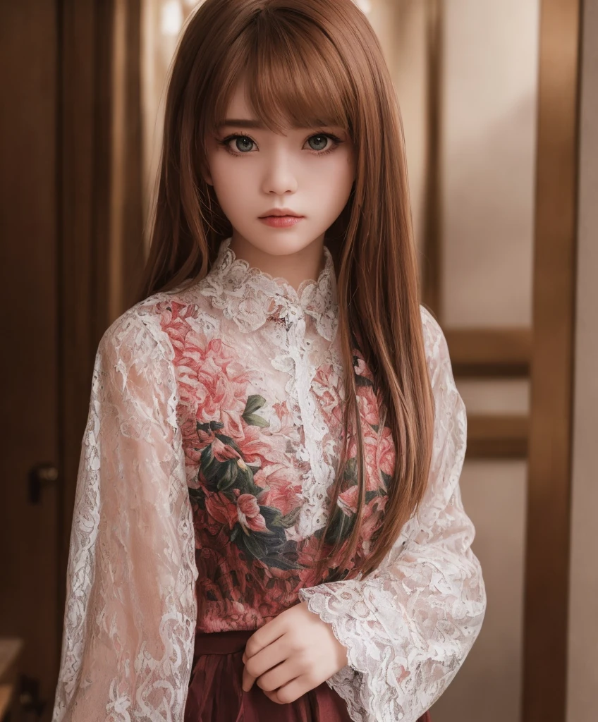 a photo of (saukztf:1.5), looking at viewer, dramatic lighting, looking at viewer, ((masterpiece)), (((bestquality))), ((ultra-detailed)), ((illustration)), ((disheveledhair)), ((lace)), (saukztf), 17 years old, (solo), dynamicangle, bigtopsleeves, expressionless, cute outfit, sexy outfit, long hair