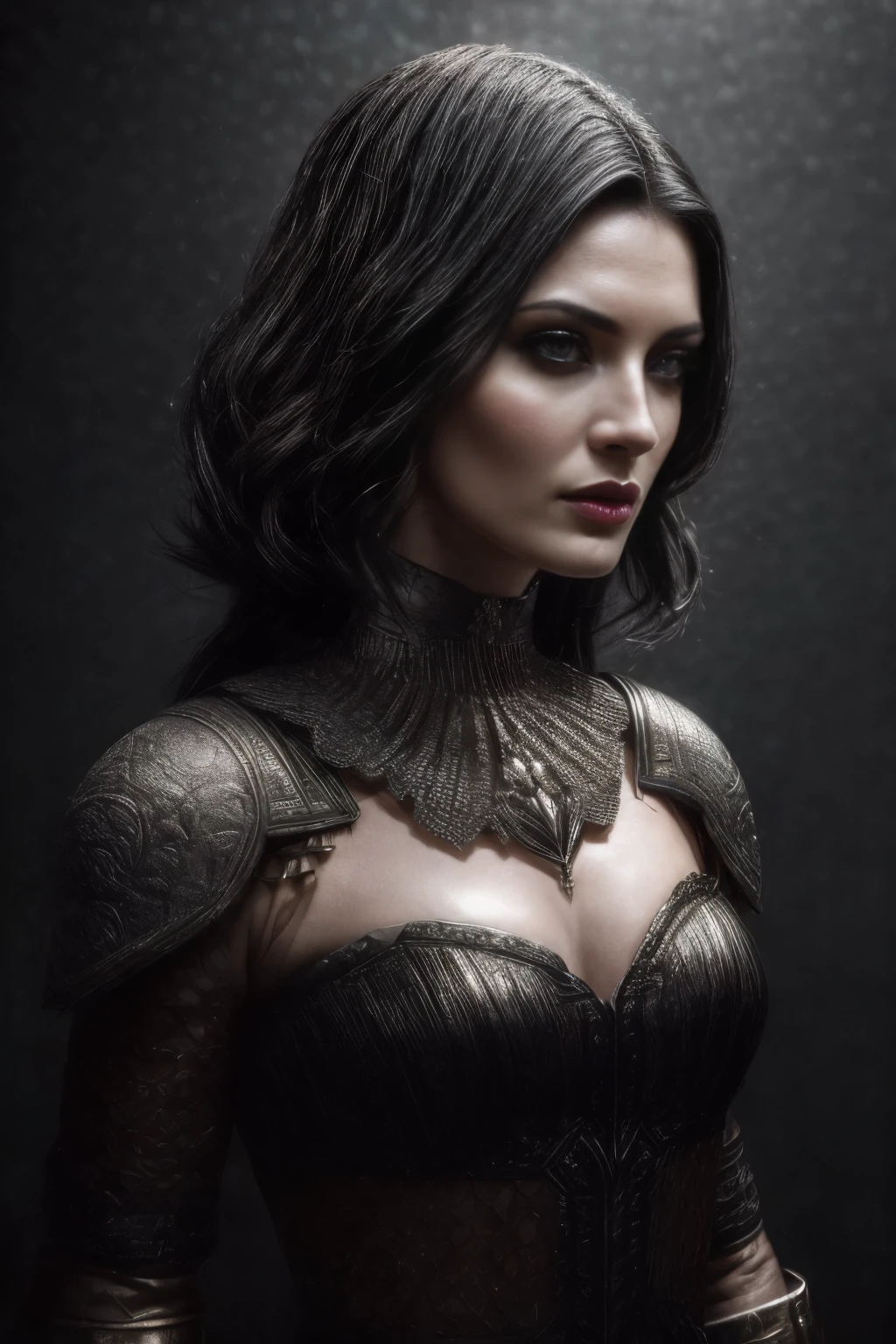 a beautiful woman ciborgue warrior in the Style-RustMagic, Aumento Cyberpunk, Ciberware, ciborgue, fibra de carbono, cromada, implantes, Metal skull, Cyber Plate Armadura, (atmosfera escura:1.2), (Mist & smoke), (noite escura:1.3), Cicatrizes, (shaggy medium length dark hair:1.1), (sombra:1.1), (brilho lindamente detalhado:1.2), (cinematic lighting), detalhe intrincado, high resolution, olhos arredondados, detailed facial features, sharp focus, suave, aesthetics, Dark industrial factory detailed background, pose elegante, Dynamic Posture, (Dramatic painting), (Opt-6000:0.9)