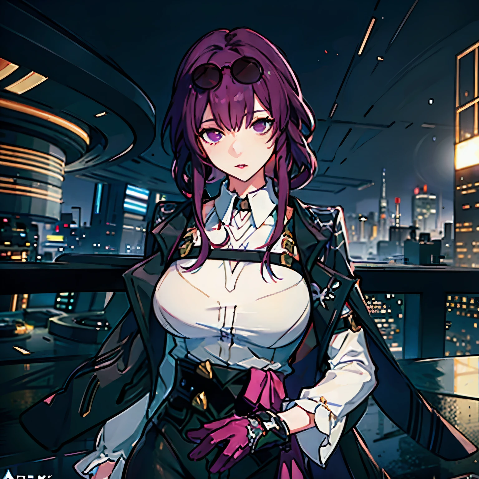 masterpiece, best quality, purple hair, purple eyes, sunglasses, light, realistic, photo, science_fiction, huge_filesize, in the cyberpunk city, steam, masterpiece,best quality,official art,extremely detailed CG unity 8k wallpaper, girl, solo, bishoujo, incredibly_absurdres, small breasts, bust,