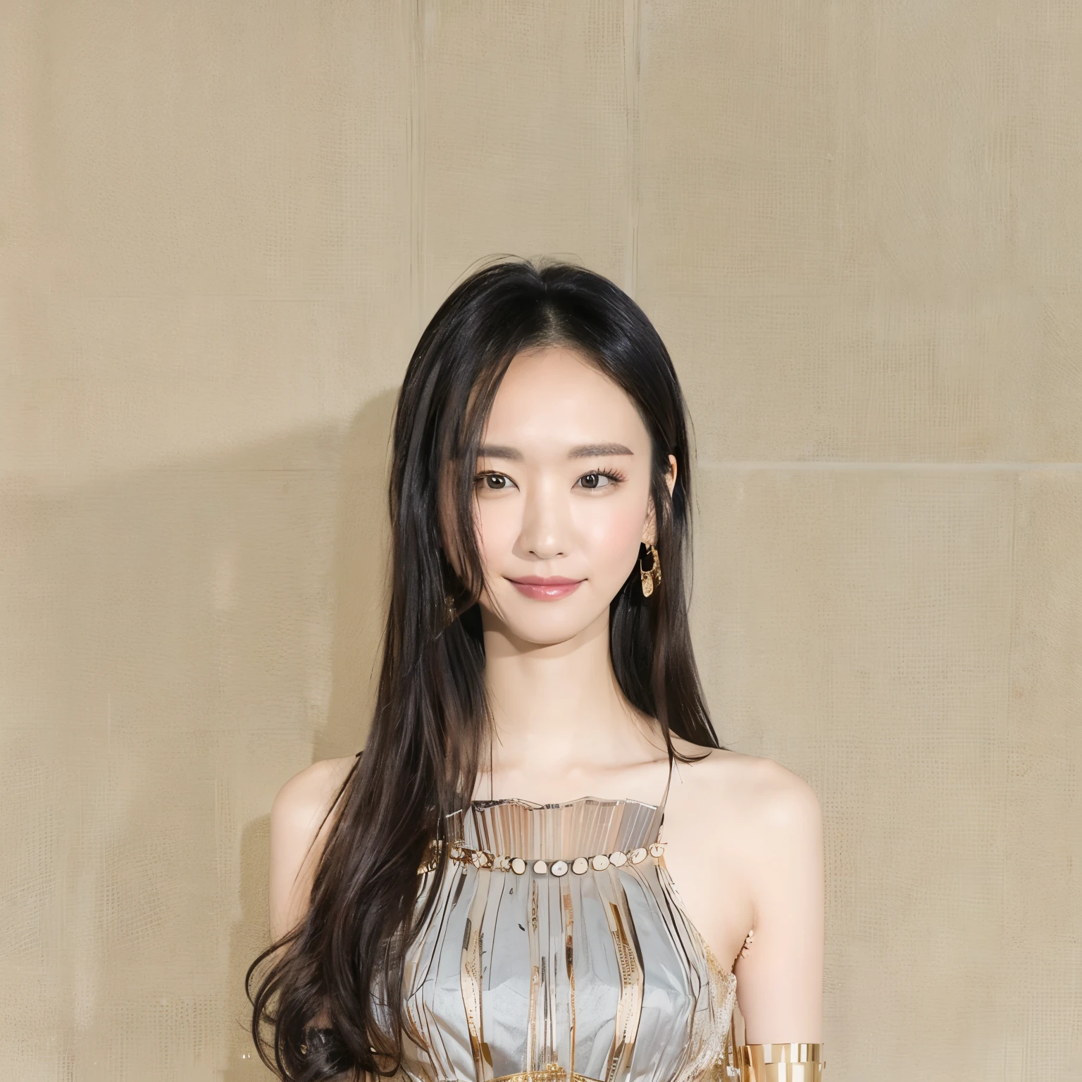 a woman with long black hair in a sparkling dress and a gold arm ring