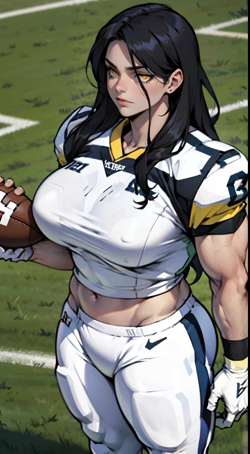 girl breasts huge muscles huge thighs solo girl black hair extremely long hair pale skin expressionless yellow eyes ((football))