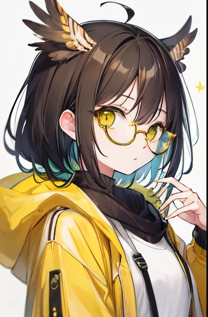 Beautiful owl girl, yellow glasses, yellow-green eyes, black hair