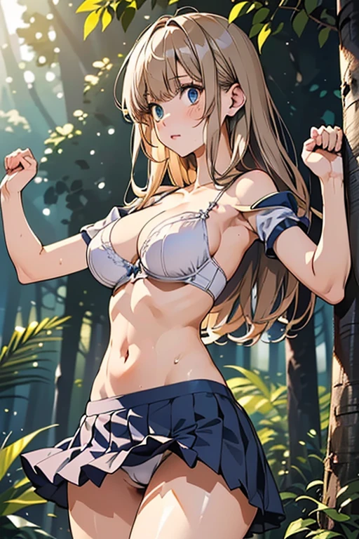woman, close up of face, huge boobs,light brown hair, blunt bangs, hair behind the ear, hair over shoulders, long hair, slender body shape, ultra fine face, narrow side, delicate lips, beautiful eyes, light blush, eyes are light brown, perfect shiny skin, perfect skin, Shining sweat,See here, extra thin hands, Super thin fingers:real:1.3), broad-leaved forest, first person perspective, fujifilm, 8K, muste piece, ticker, ((Extremely super detailed:1.3)), high quality, best quality, High resolution, ((detailed breasts, 高品質でrealな指の再現:1.3))、golden hour beautiful light, (((school girl uniform)))、(((White Short Sleeve Super Low Cut Button Front Shirt、navy blue ribbon)))、((Ultra Micro Mini Dark Blue Pleated Skirt:1.3)),((huge )) (((Positive painting:1.3))),((thin shirt:1.2)),((Bra is white with ULL BODYSHOT with shoulder straps:1.3)) ((Shirt that exposes the chest)) (While raising both hands to show armpits、Display the navel and lower abdomen:1.5), Navel out (Ultra low-rise skirt:1.3),(more boldly exposing the lower abdomen of the navel,,,,,,,,,:1.5),((Raise both hands:1.3)),(((back lighting:1.5)),((Show the bulge of the chest from the hem of the shirt:1.3)),((show thighs:1.8)),((The background is a fresh green forest:1.2))