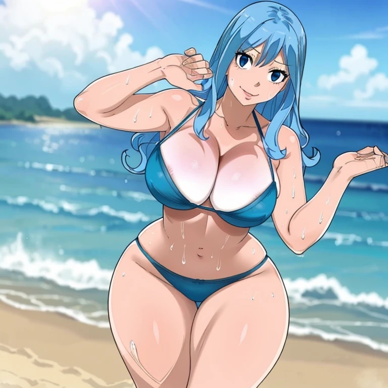 (best quality,8k,highres,masterpiece:1.2),ultra-detailed,realistic:1.37,Juvia Lockser,blue hair,pink bikini,beautiful detailed blue hair,beautiful detailed pink bikini,extremely detailed blue hair and bikini,long wavy blue hair,curly blue hair,voluminous pink bikini top,smooth blue hair,flowing blue hair,glistening wet blue hair,graceful blue hair,shimmering blue hair,blue hair cascading down her back,pale skin,delicate features,beautiful detailed eyes,beautiful detailed lips,extremely detailed eyes and face,long eyelashes,graceful and elegant pose,arms raised above head,slightly tilted head,confident expression,dreamy smile,gorgeous girl,attractive woman,beach setting,reflected sunlight,sparkling ocean in the background,sandy shoreline,lush green palm trees,lively tropical atmosphere,vibrant colors,soft pastel tones,warm and inviting lighting,graceful and fluid movements,sexy and alluring presence,sultry aura,bold and confident posture,charming and captivating personality.