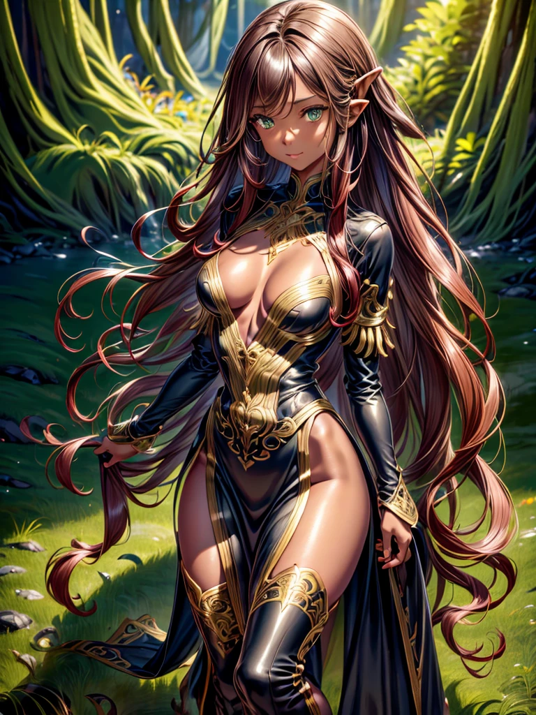 black skin, Detailed beautiful young woman, reddish-golden hair, length, Wavy and messy hair, Destyled perfect green eyes, Delicate, symmetrical, realistic and beautiful face, (magical forest background),  Ranger Costume Leather Armor, goblin, Wildflowers blending into your hair, whole body, masterpiece, disorganized,small details, rich colors, dramatic lighting, very detailed, cinematic lighting