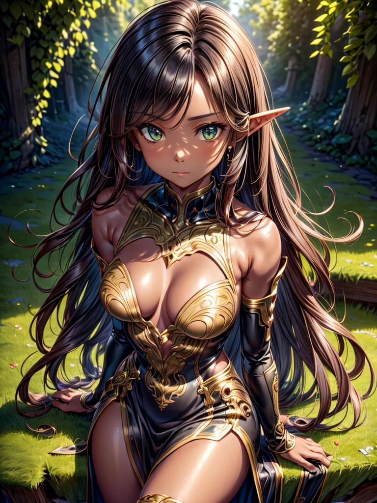 black skin, Detailed beautiful young woman, reddish-golden hair, length, Wavy and messy hair, Destyled perfect green eyes, Delicate, symmetrical, realistic and beautiful face, (magical forest background), Ranger Costume Leather Armor, goblin, Wildflowers blending into your hair, whole body, masterpiece, disorganized,small details, rich colors, dramatic lighting, very detailed, cinematic lighting