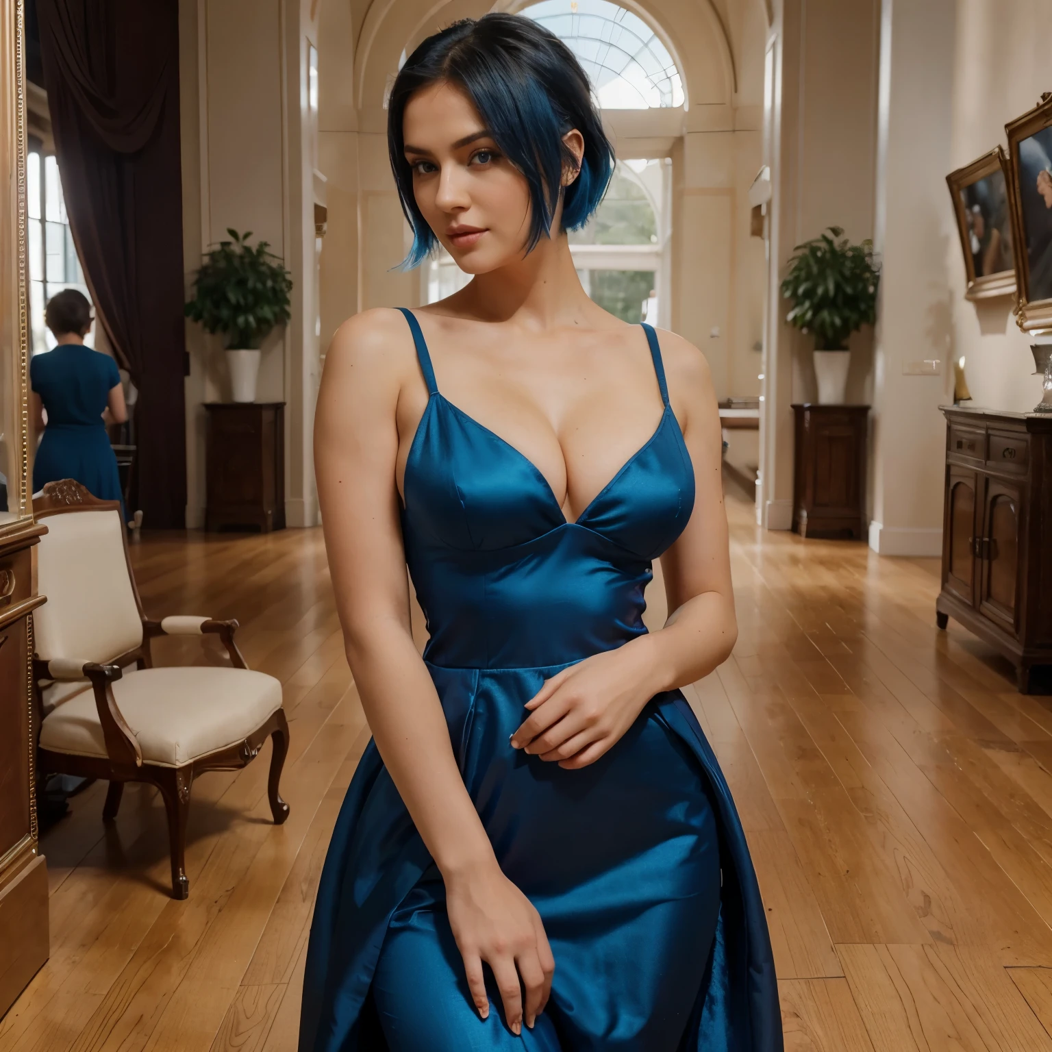 face, consistent face, short hair, blue hair, beautiful eyes, high detailed eyes, gorgeous, sexy, 1 girl, cleavage, dress, elegant dress, model dress, fashion, stylish, 2024 fashion, western, hot girl, happy, natural light, realistic, ultra realistic, high quality skin texture, in a museum, art museum, full body, high heals, vintage, 