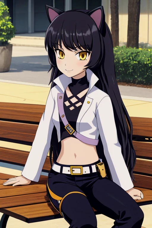 ((masterpiece,best quality)), 2000s anime cels style, Cartoon style of the 2000s, (flat color:1.2), vivid colors, retro anime, 2000s anime, 2000s anime, early 2000's inspired anime, early 2000's esthetics
Blake_RWBY,   1girl, solo, black hair, long hair, cat ears, animal ears, yellow eyes,
 belt, midriff, pants, jacket, 
solo, smiling, looking at viewer, sitting on a bench, 
cinematic composition, 