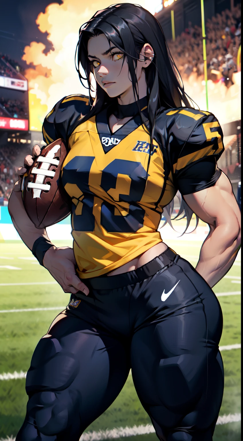 breasts huge muscles huge thighs solo girl black hair extremely long hair pale skin expressionless yellow eyes (football)