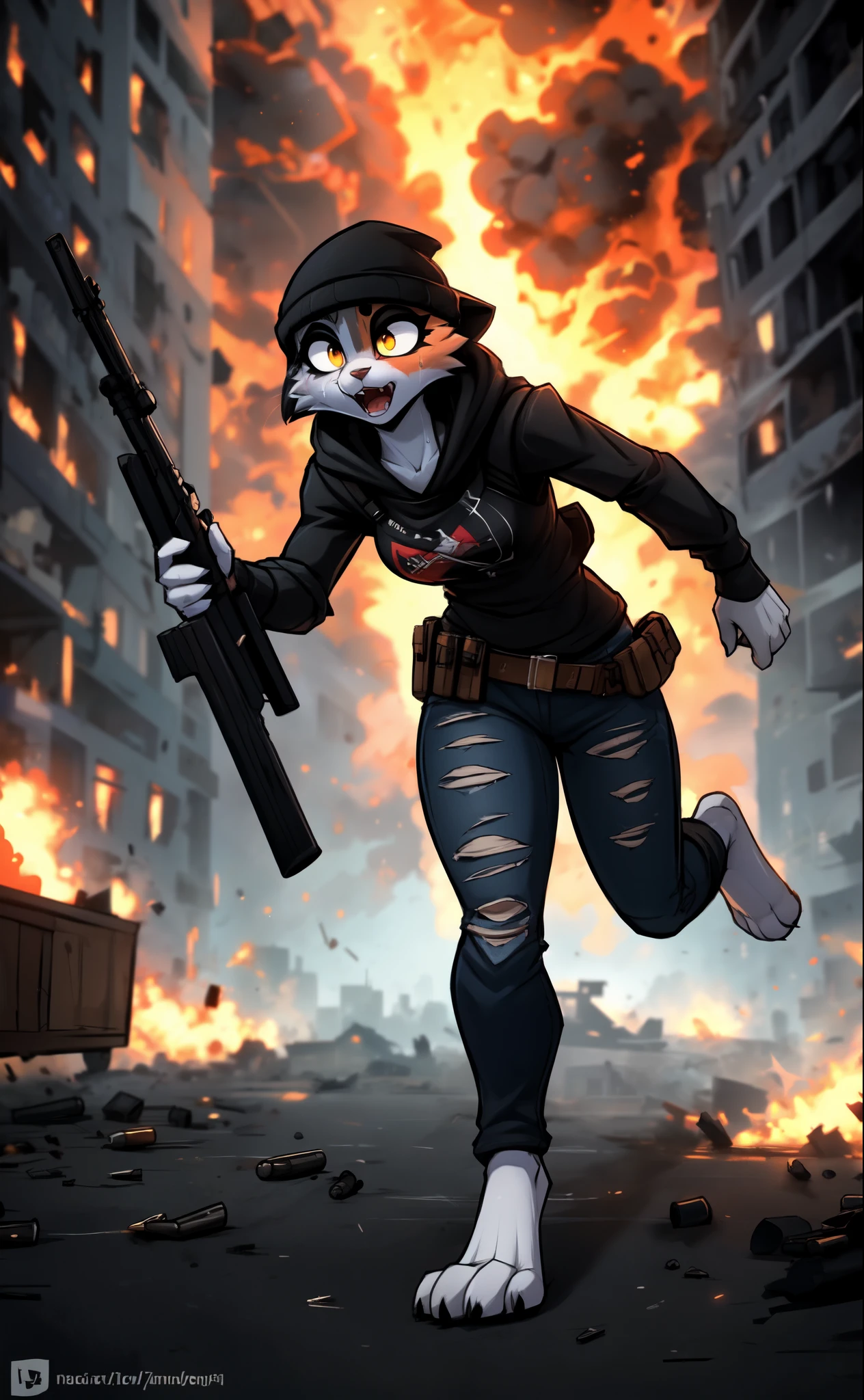 fox, solo, young, cub, nude, blue fur, black hair, cyan eyes, complex fur patterns, ((canine penis)), ((knot)), (balls), (?????????), genitals, precum, ((city)), warzone, ((glock)), glock in hand, ((aiming glock)), standing, against wall, angry, yelling, bloodied body, ((wounds)), scars, ((explosions)), ((gunfire)), ((bullet trails)), ((smokescreen)), ((up close)). military tanks, attack helicopters, Very good figure, bright tone, warm color, colorful, masterpiece, super detail, high quality, best quality, highres, 16k