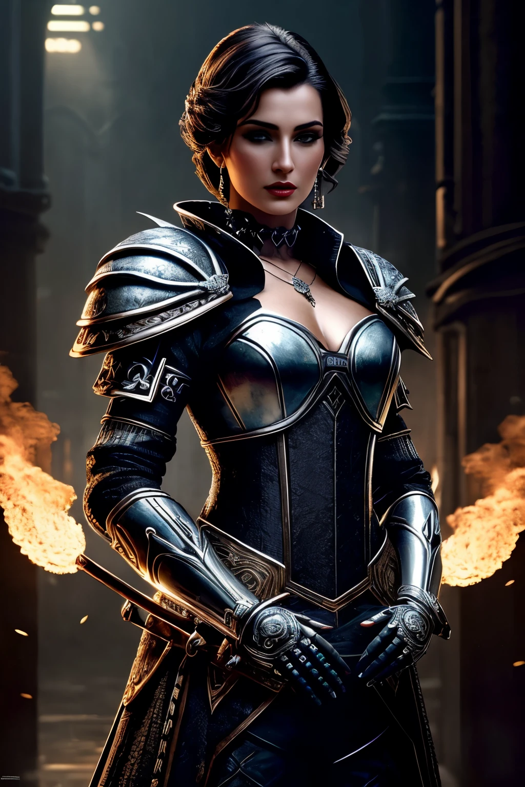 a beautiful woman ciborgue warrior in the Style-RustMagic, Aumento Cyberpunk, Ciberware, ciborgue, fibra de carbono, cromada, implantes, Metal skull, Cyber Plate Armadura, (atmosfera escura:1.2), (Mist & smoke), (noite escura:1.3), Cicatrizes, (shaggy medium length dark hair:1.1), (sombra:1.1), (brilho lindamente detalhado:1.2), (cinematic lighting), detalhe intrincado, high resolution, olhos arredondados, detailed facial features, sharp focus, suave, aesthetics, Dark industrial factory detailed background, pose elegante, Dynamic Posture, (Dramatic painting), (Opt-6000:0.9)