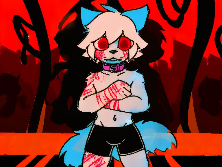 （4K，8k，best quality，meticulous details，DeliCate light，DeliCate short hair）Cat，white hair，There&#39;a bit strange，black shorts，Big blue striped tail，Shota，Covered in scars，delicate eyes，Pink collar，crazy，in a subway station，Red filter，ghost ，vine