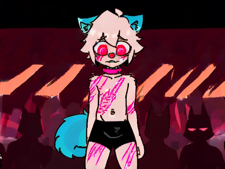 （4K，8k，best quality，meticulous details，DeliCate light，DeliCate short hair）Cat，white hair，There&#39;a bit strange，black shorts，Big blue striped tail，Shota，Covered in scars，delicate eyes，Pink collar，crazy，in a subway station，Red filter，ghost ，vine