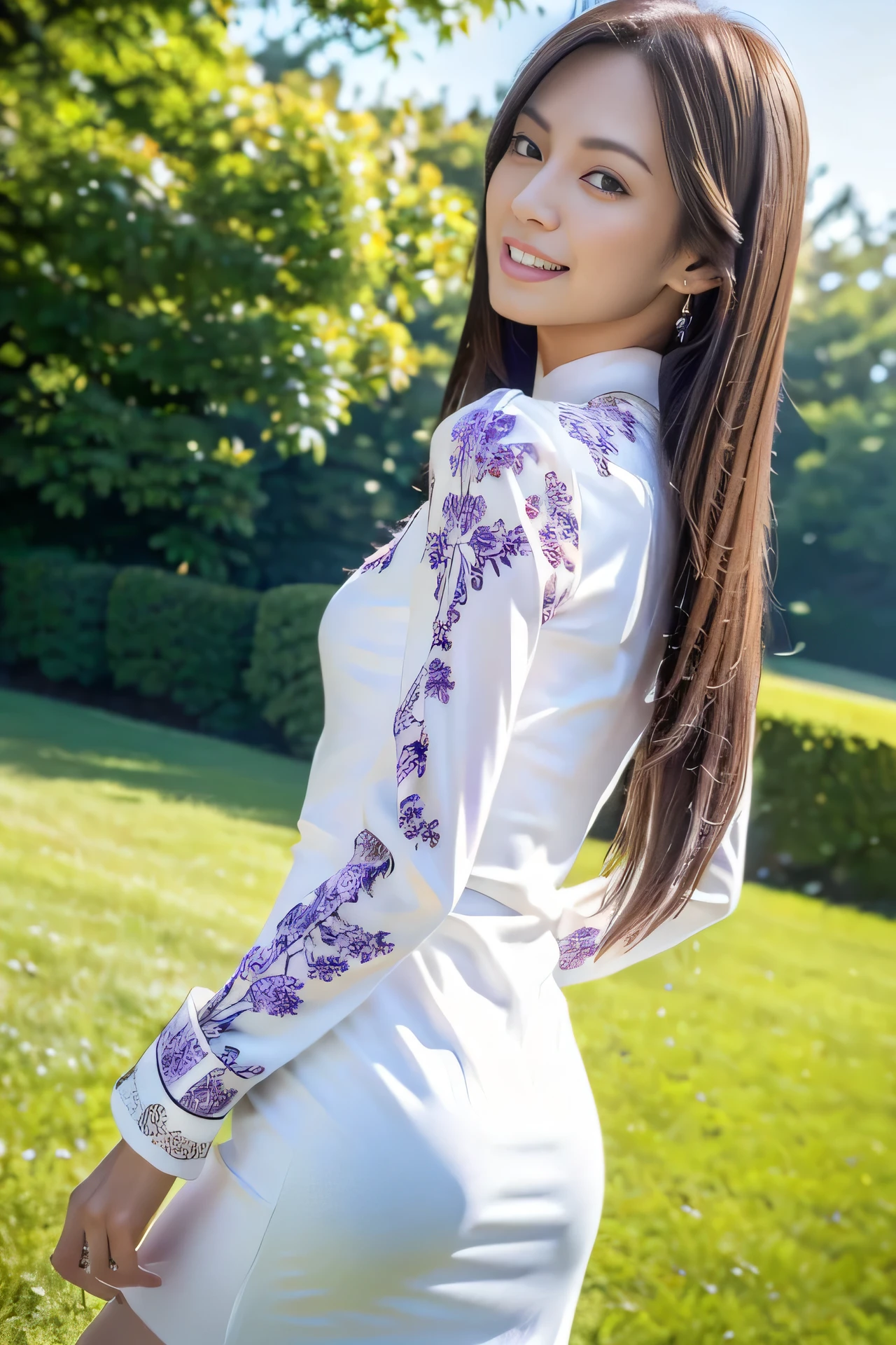 High resolution, realistic, very delicate and beautiful, very detailed, finely, super detailed, (highest quality, 8K, 32K, masterpiece, UHD:1.2), Photo of a beautiful Japanese model in her 20s wearing a white long dress, (Purple pattern, long sleeve, Wide cuffs:1.35), walking in the grassland, beautiful and detailed face, Beautiful clear long eyes, delicate figure, medium straight hair, (skinny, slim, slender and delicate body), upper teeth, looking back from the side, evil smile,