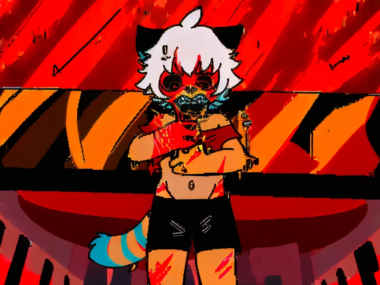 (4K,8k,best quality,meticulous details,DeliCate light,DeliCate short hair)Cat,white hair,There'a bit strange,black shorts,Big blue striped tail,Shota,Covered in scars,The neck was hung up,crazy,in a subway station,Red filter,ghost ,vine