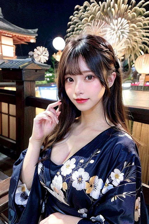 highest quality、8K、32K、masterpiece、nffsw:1.2,)((5Beautiful fingers in a book))、photo of cute japanese woman、long hair、beautiful chest、medium breasts、full body shot、yukata、beautiful night sky、Beautiful fireworks、festival