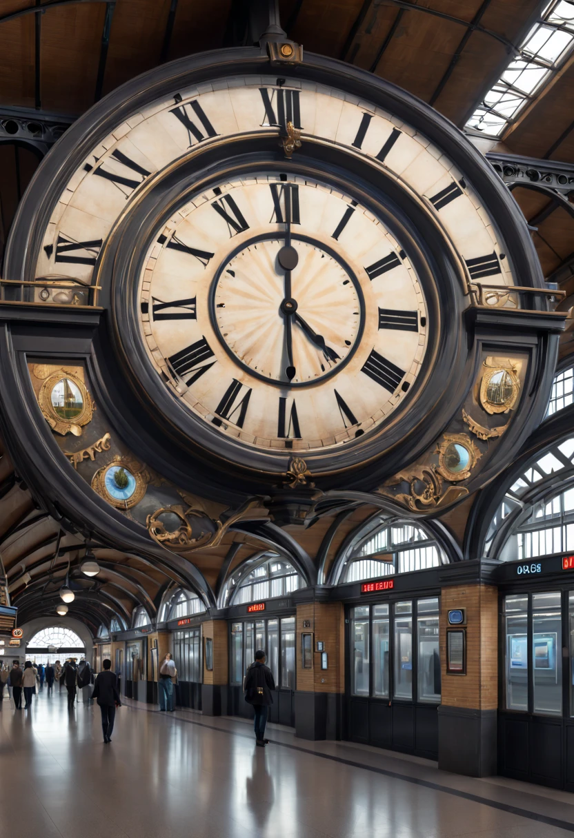 Clock walls of various countries at the station, (best quality, masterpiece, Representative work, official art, Professional, 8k)