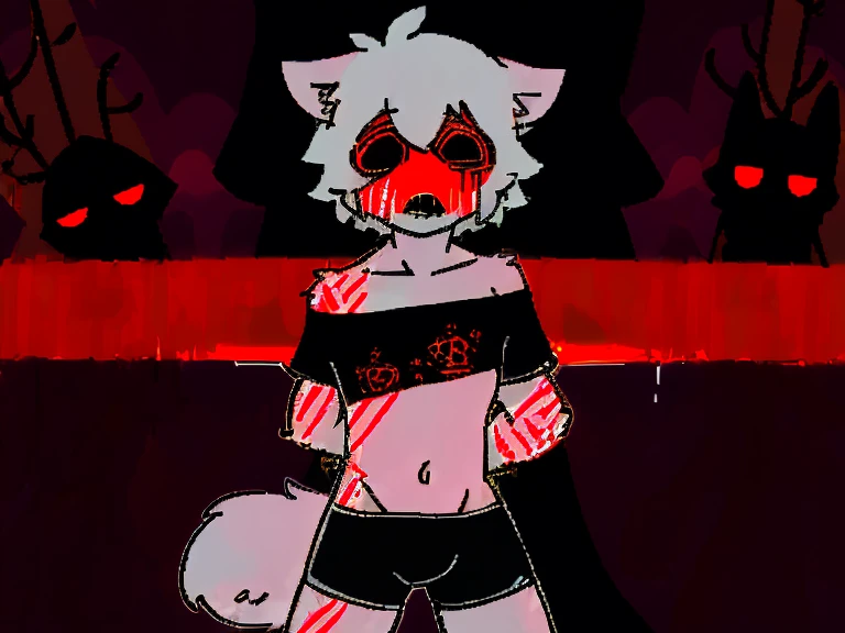 (4K,8k,best quality,meticulous details,DeliCate light,DeliCate short hair)Cat,white hair,There'a bit strange,black shorts,Big blue striped tail,Shota,Covered in scars,The neck was hung up,crazy,in a subway station,Red filter,ghost ,vine,Decaying body