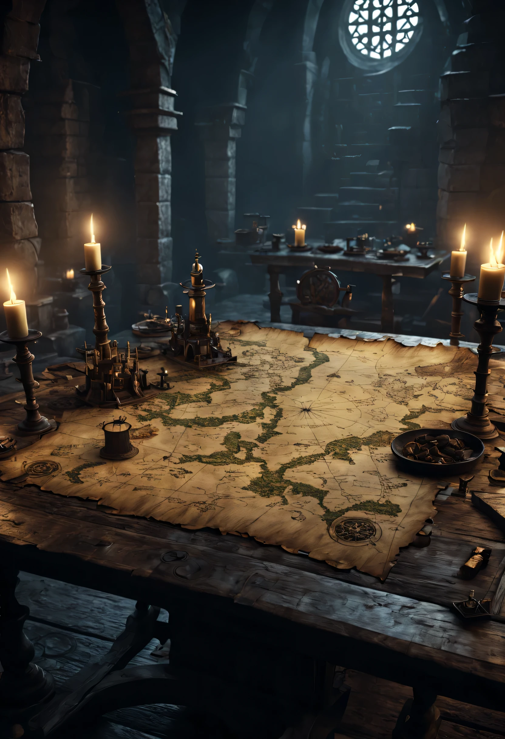 Old, treasure map 8k resolution, Game of thrones War table, 3d, octane render, photoillustration, surrealism, volumetric lighting, sinister environment, dark and sinister lightings