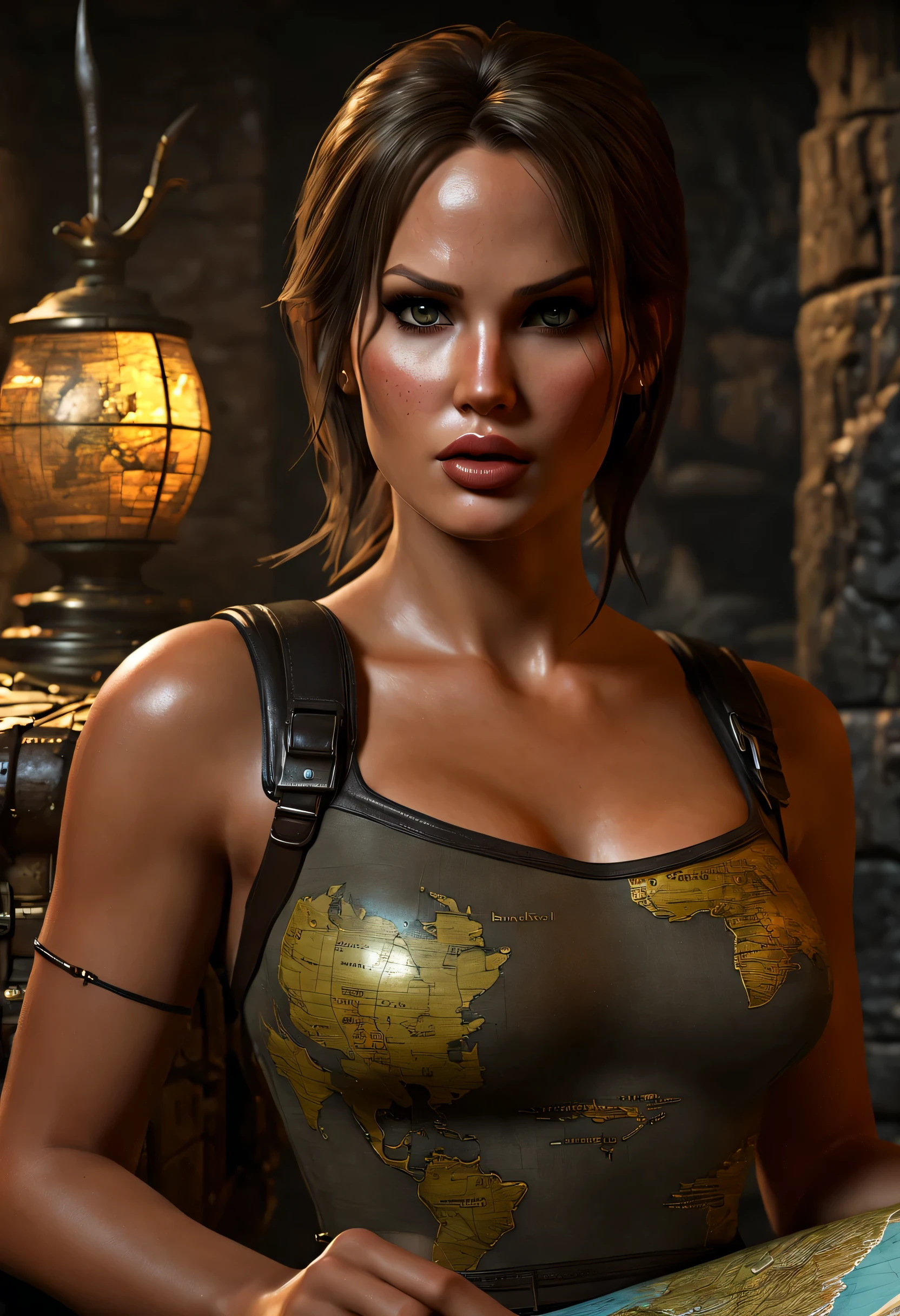 best quality,4k,8k,highres,masterpiece:1.2,ultra-detailed,realistic,(photorealistic:1.37),portraits,Lara Croft,sexy mini dress,(holding a map of treasure:1.5beautiful detailed eyes,beautiful detailed lips,detailed face,long eyelashes,),sinister environment, dark and sinister lightings