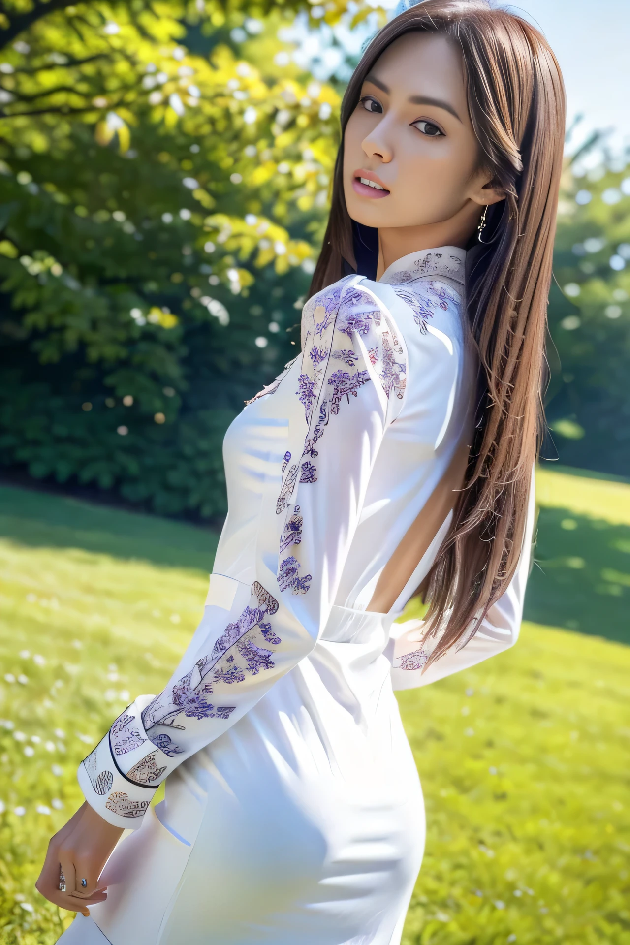 High resolution, realistic, very delicate and beautiful, very detailed, finely, super detailed, (highest quality, 8K, 32K, masterpiece, UHD:1.2), Photo of a beautiful Japanese model in her 20s wearing a white long dress, (Purple pattern, long sleeve, Wide cuffs:1.35), walking in the grassland, beautiful and detailed face, Beautiful clear long eyes, delicate figure, medium straight hair, (skinny, slim, slender and delicate body), upper teeth, looking back from the side, serious face,