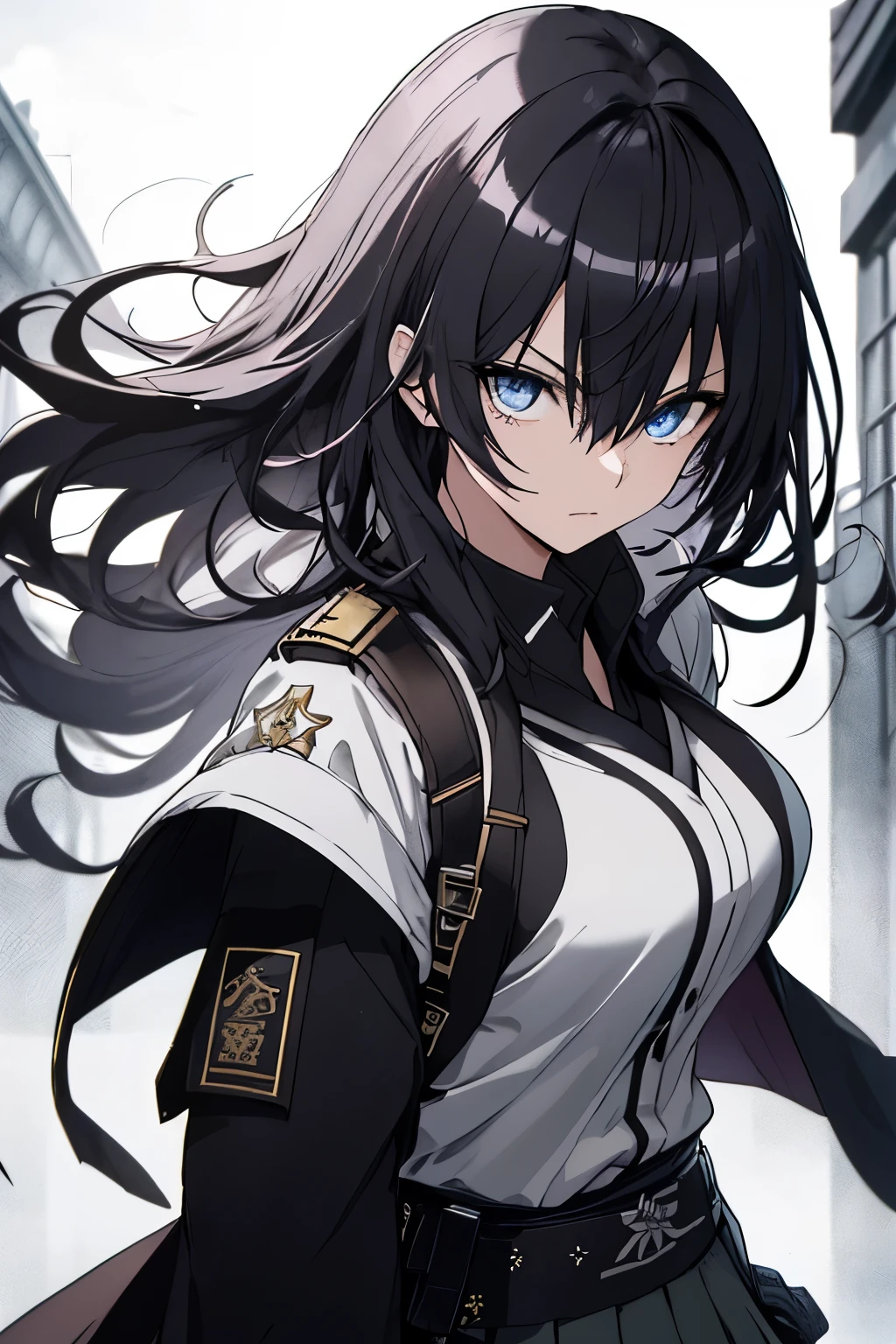 Japanese Katana Sword、Samurai sword、Full body、White one-piece military uniform、 Jet black head of hair,(masutepiece:1.2, Best Quality), (finely detailed beautiful eye: 1.2), (Detailed background,Dark Fantasy), (beautifull detailed face), High contrast, (Best Illumination, extremely delicate and beautiful), ((Cinematic Light)), Colorful, Hyper Detail, Dramatic light, Intricate details,Very blue eyes, Shining eyes, long hair flowing with the wind、large full breasts、Belt under the chest、White military uniform, skirt by the, large full breasts, Long hair fluttering in the wind, swords, jet-black hair, Blue eyes, Black tie, Belt under the chest, Serious look,