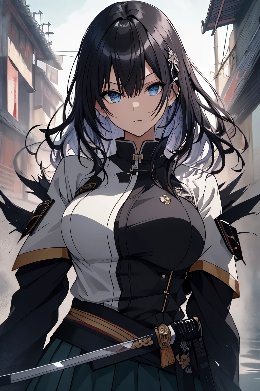Japanese Katana Sword、Samurai sword、Full body、White one-piece military uniform、 Jet black head of hair,(masutepiece:1.2, Best Quality), (finely detailed beautiful eye: 1.2), (Detailed background,Dark Fantasy), (beautifull detailed face), High contrast, (Best Illumination, extremely delicate and beautiful), ((Cinematic Light)), Colorful, Hyper Detail, Dramatic light, Intricate details,Very blue eyes, Shining eyes, long hair flowing with the wind、large full breasts、Belt under the chest、White military uniform, skirt by the, large full breasts, Long hair fluttering in the wind, swords, jet-black hair, Blue eyes, Black tie, Belt under the chest, Serious look,