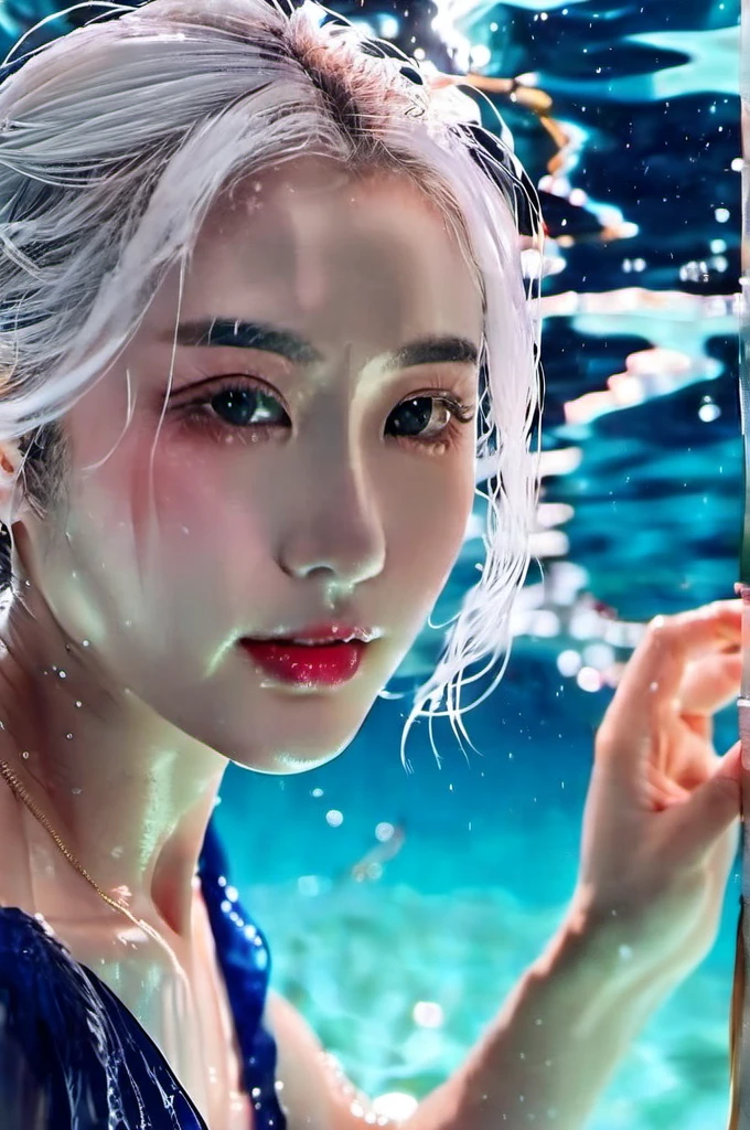 (8k, original photo, best quality, masterpiece:1.2),(actual, photo-actual:1.4), Super detailed, Extremely detailed CG 8k wallpaper,(water晶质感皮肤:1.2), (extremely delicate and beautiful),Delicate skin,1 girl,water,water下,water下 photography,immerse,White shirt,charming,correct,looking at camera,white hair,Upper body,(Face the camera directly:1.5),(浅蓝色的海water:1.4),