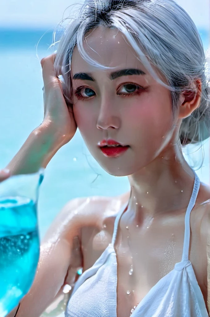 (8k, original photo, best quality, masterpiece:1.2),(actual, photo-actual:1.4), Super detailed, Extremely detailed CG 8k wallpaper,(water晶质感皮肤:1.2), (extremely delicate and beautiful),Delicate skin,1 girl,water,water下,water下 photography,immerse,White shirt,charming,correct,looking at camera,white hair,Upper body,(Face the camera directly:1.5),(浅蓝色的海water:1.4),