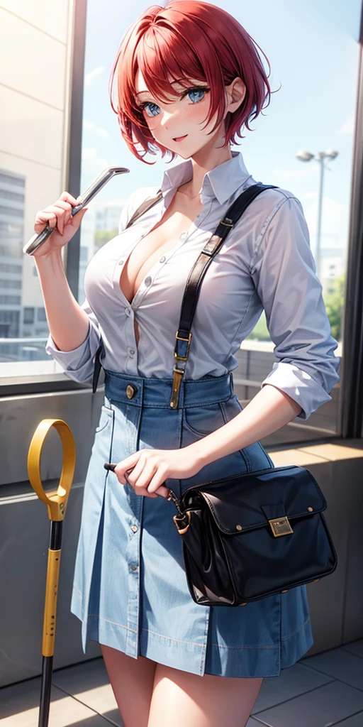 1girl, solo, white background, red hair, short hair, large breasts, button down shirt, ((white shirt)), ((unbuttoned shirt)), blue eyes, blue skirt, laugh, looking right, standng, golden necklate, holding a hammer and a toolbox