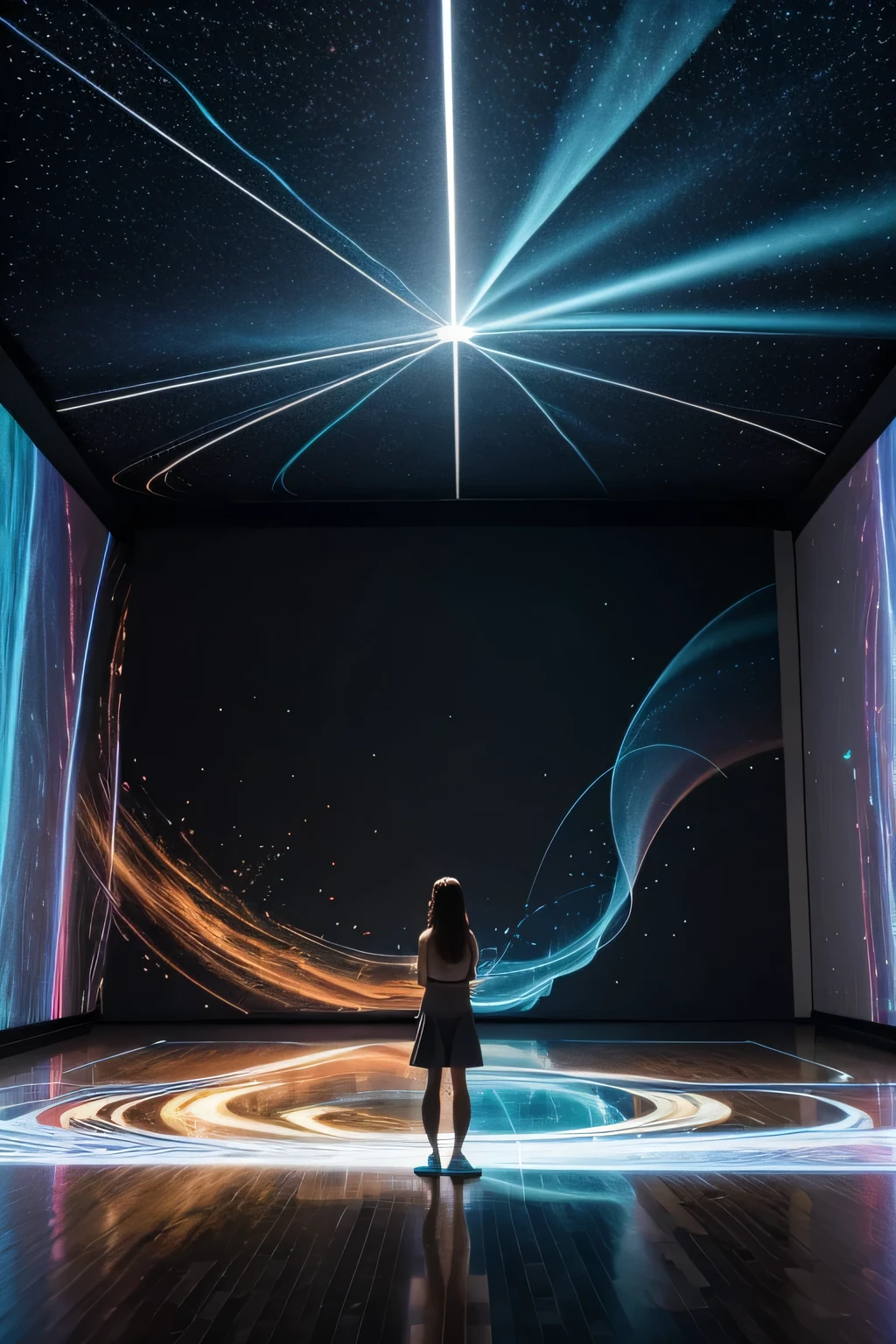 create an interactive floor projection on all walls of a 30m2 room. the projected images resemble wind trails made of colored particles in organic movement, a reference for projection is teamlab. a sala tem 30m2 em formato de L. the content of the projected images refer to basketball players