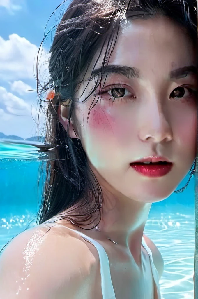 (8k, original photo, best quality, masterpiece:1.2),(actual, photo-actual:1.4), Super detailed, Extremely detailed CG 8k wallpaper,(water晶质感皮肤:1.2), (extremely delicate and beautiful),Delicate skin,1 girl,water,water下,water下 photography,immerse,White shirt,charming,correct,looking at camera,white hair,Upper body,(Face the camera directly:1.5),(浅蓝色的海water:1.4),