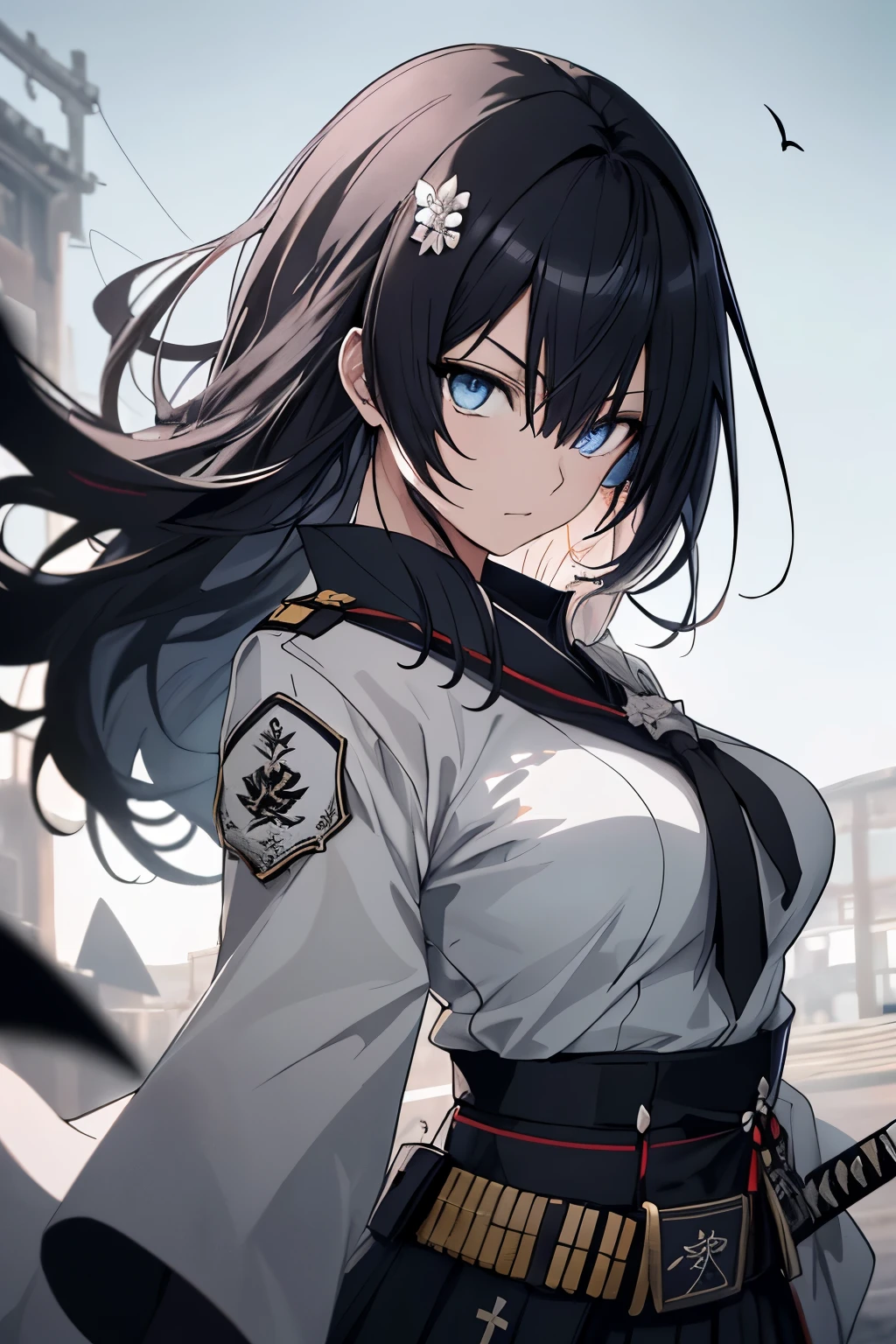 Japanese Katana Sword、Samurai sword、Full body、White one-piece military uniform、 Jet black head of hair,(masutepiece:1.2, Best Quality), (finely detailed beautiful eye: 1.2), (Detailed background,Dark Fantasy), (beautifull detailed face), High contrast, (Best Illumination, extremely delicate and beautiful), ((Cinematic Light)), Colorful, Hyper Detail, Dramatic light, Intricate details,Very blue eyes, Shining eyes, long hair flowing with the wind、large full breasts、Belt under the chest、White military uniform, skirt by the, large full breasts, Long hair fluttering in the wind, swords, jet-black hair, Blue eyes, Black tie, Belt under the chest, Serious look,