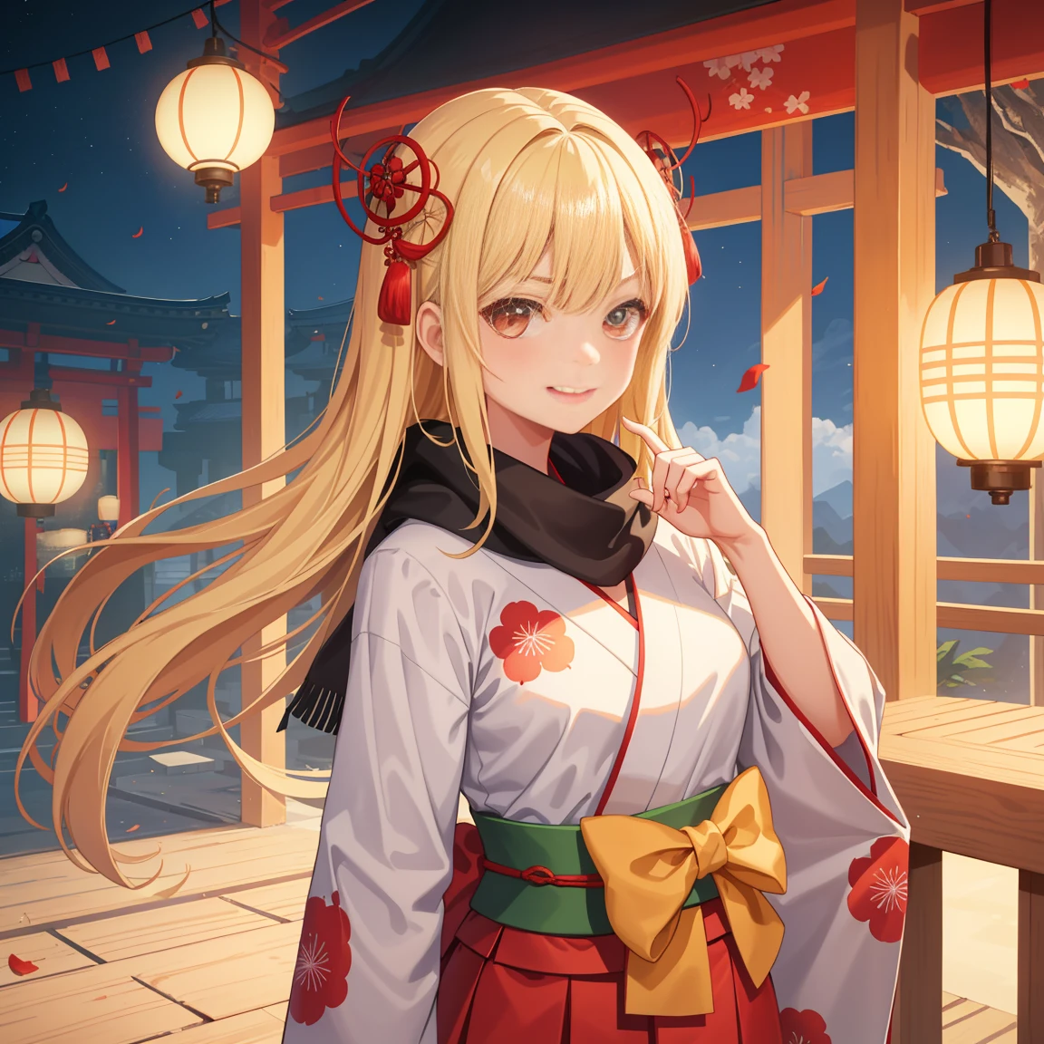1girl in、AS-Adult、glad、But、angry、Smiling、put out the tongue、(kimono)beautiful kimono、skirt long、()Chilarism、traditional Japanese clothing、serafuku、fall clothing、(scarf)、Upper body portrait、the wind、flat breasts, blonde hair, onetail