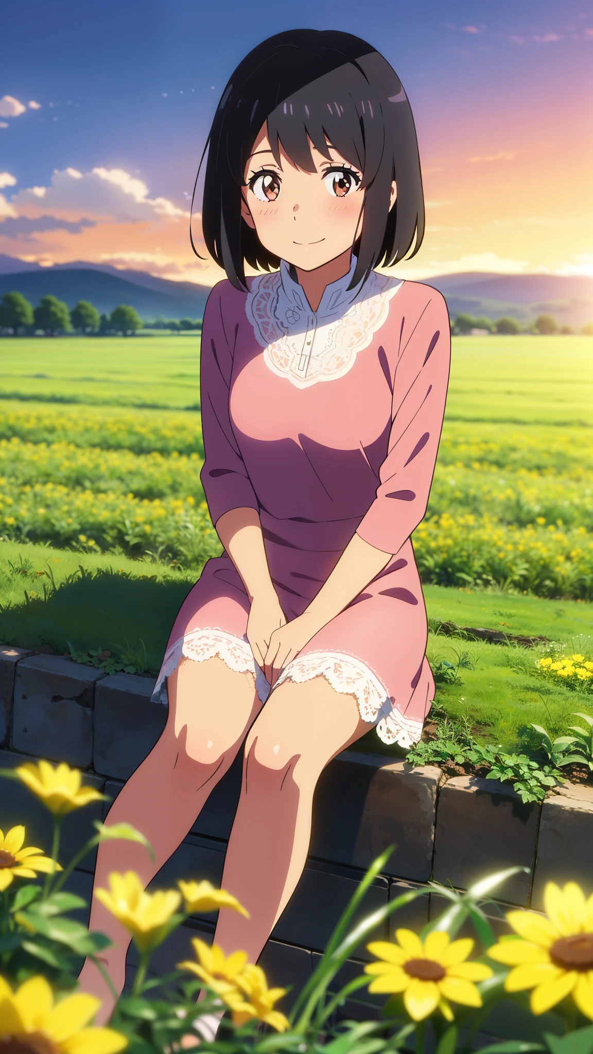shinkai makoto, kimi no na wa., 1girl, bangs, black hair, blush, brown eyes, shiny skin, Wearing a white lace dress, red headband, short hair, smile, cute, solo, happy, looking at viewer, flower field, Sit on grass, sky, cloudy, evening, sunset