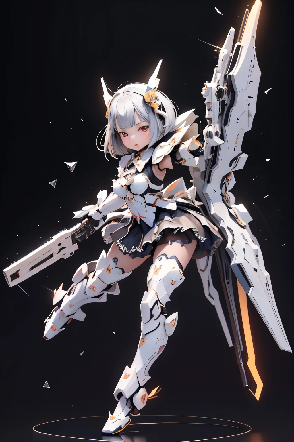 (highest quality)), ((masterpiece)), (very detailed: 1.3), 3D, {(young girl)}, wear gothic lolita clothes with white frills, (She is fused with futuristic Gundam mecha), with headgear, with v-fin , armored shoulders,armored under arms, armored under legs, multilayer textureperfect proportions, octane rendering, duotone lighting, Low ISO, wide aperture, White balance, Rule of thirds, ultra HD16k, HDR (High Dynamic Range), Ray Tracing, NVIDIA RTX, Super Resolution, Subsurface Scattering, PBR Texturing, Post Processing, Anisotropic Filtering, Depth of Field, Maximum Clarity and Clarity, High efficiency subpixel, subpixel convolution, particles of light, light scattered, Tyndall effect, full body:1.5, battle pose, cute, (cute:1.2), (bob cut:1.3),三つ編み, 黒髪, 太い眉毛, 薄い色の虹彩, 大きくて輝いている黒い瞳, 長いまつげ, 小さく薄い色の自然な唇, (Average face of Japanese idols), (日本人特有の童顔:1.3), (baby face), 広いおでこ:1.2, ふっくらした頬, 小さな顎, visible side boob, (holding a huge weapon:1.5), in the hangar,looking at viewer,Focus on the eyes , (完璧な4本の指, 親指1本),