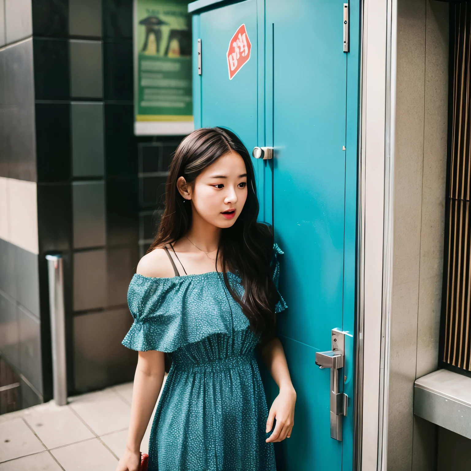 1girl with long hair and dress, 1 girl is taking to lavatory, look away, Are standing, embarrassing, blush, please shut your mouth, street (the girl is peeing on herself:0.4)