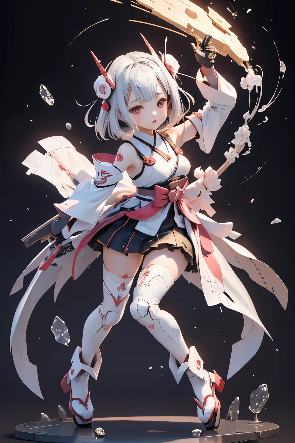 (highest quality)), ((masterpiece)), (very detailed: 1.3), 3D, {(japanese young girl)}, white theme, ware a scarlet hakama:1.2, wear shrine maiden anime costume, (She is fused with futuristic Gundam mecha:1.2), with headgear, with v-fin , armored shoulders,armored under arms, armored under legs, (holding a Japanese sword in the right hand:1.2), multilayer textureperfect proportions, octane rendering, duotone lighting, Low ISO, wide aperture, White balance, Rule of thirds, ultra HD16k, HDR (High Dynamic Range), Ray Tracing, NVIDIA RTX, Super Resolution, Subsurface Scattering, PBR Texturing, Post Processing, Anisotropic Filtering, Depth of Field, Maximum Clarity and Clarity, High efficiency subpixel, subpixel convolution, particles of light, light scattered, Tyndall effect, full body:1.5, battle pose, cute, (cute:1.2), (bob cut:1.3),三つ編み, 黒髪, 太い眉毛, 薄い色の虹彩, 大きくて輝いている黒い瞳, 長いまつげ, 小さく薄い色の自然な唇, (Average face of Japanese idols), (日本人特有の童顔:1.3), (baby face), 広いおでこ:1.2, ふっくらした頬, 小さな顎, visible side boob, broken streets, Broken City,looking at viewer,Focus on the eyes, (完璧な4本の指, 親指1本),