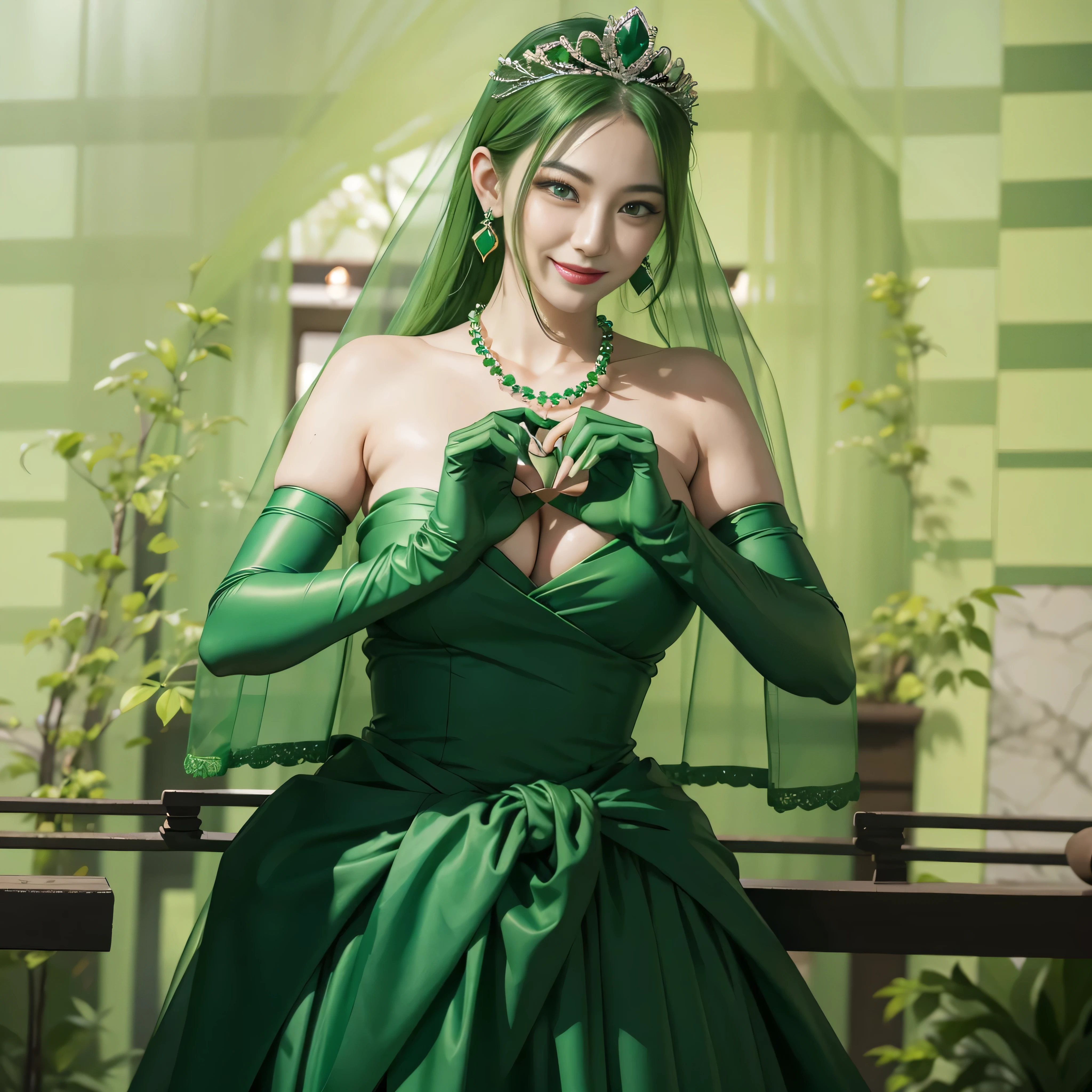 emerald tiara, green pearl necklace, ボーイッシュな非常に短いgreen hair, lipstick, smiling Japanese woman, very short hair,  Beauty with large breasts, green eyes, Long Green Satin Gloves, green eyes, emerald earrings, green veil, heart with both hands, green hair, Beautiful Japan woman in her 30s, heart shaped hand:1.3
