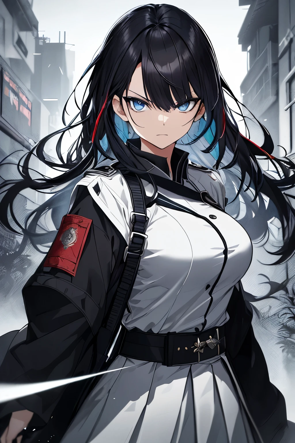 Japanese Katana Sword、Samurai sword、Full body、White one-piece military uniform、 Jet black head of hair,(masutepiece:1.2, Best Quality), (finely detailed beautiful eye: 1.2), (Detailed background,Dark Fantasy), (beautifull detailed face), High contrast, (Best Illumination, extremely delicate and beautiful), ((Cinematic Light)), Colorful, Hyper Detail, Dramatic light, Intricate details,Very blue eyes, Shining eyes, long hair flowing with the wind、large full breasts、Belt under the chest、White military uniform, skirt by the, large full breasts, Long hair fluttering in the wind, swords, jet-black hair, Blue eyes, Black tie, Belt under the chest, Serious look,