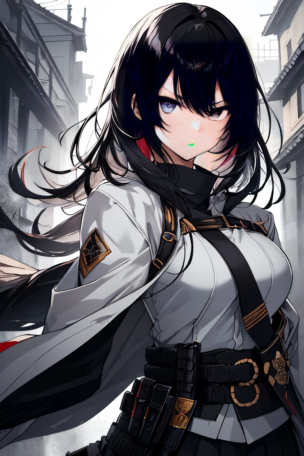 Japanese Katana Sword、Samurai sword、Full body、White one-piece military uniform、 Jet black head of hair,(masutepiece:1.2, Best Quality), (finely detailed beautiful eye: 1.2), (Detailed background,Dark Fantasy), (beautifull detailed face), High contrast, (Best Illumination, extremely delicate and beautiful), ((Cinematic Light)), Colorful, Hyper Detail, Dramatic light, Intricate details,Very blue eyes, Shining eyes, long hair flowing with the wind、large full breasts、Belt under the chest、White military uniform, skirt by the, large full breasts, Long hair fluttering in the wind, swords, jet-black hair, Blue eyes, Black tie, Belt under the chest, Serious look,