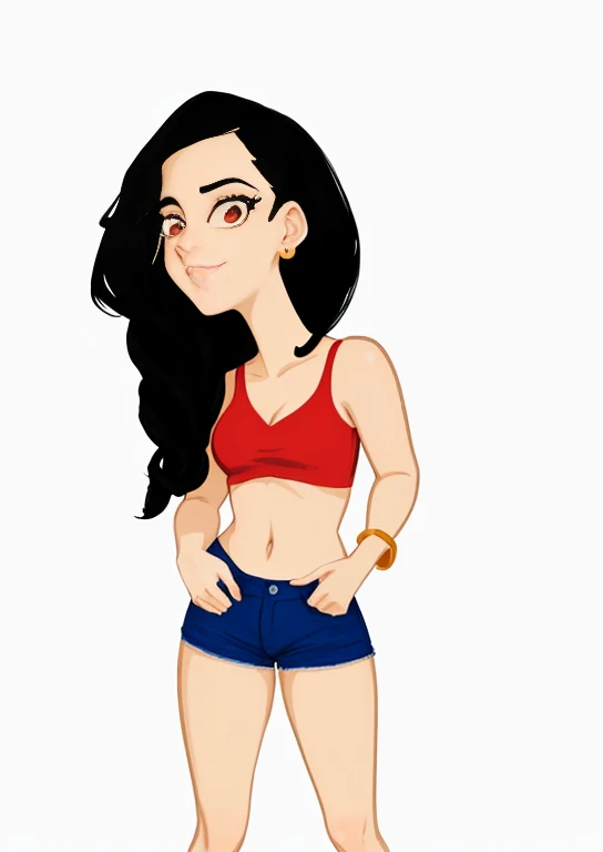 desenho de uma mulher com uma blusa vermelha e shorts azuis, em estilo cartoon, cartoon style illustration, estilo de arte dos desenhos animados, arte digital. @mariomaniacdude, cartoon arte digital, retrato de corpo inteiro de um curta!, estilo de arte dos desenhos animados, her black hair is a long curly, caricatura, cintura fina e quadris grossos, colorful illustration, cartoon illustration