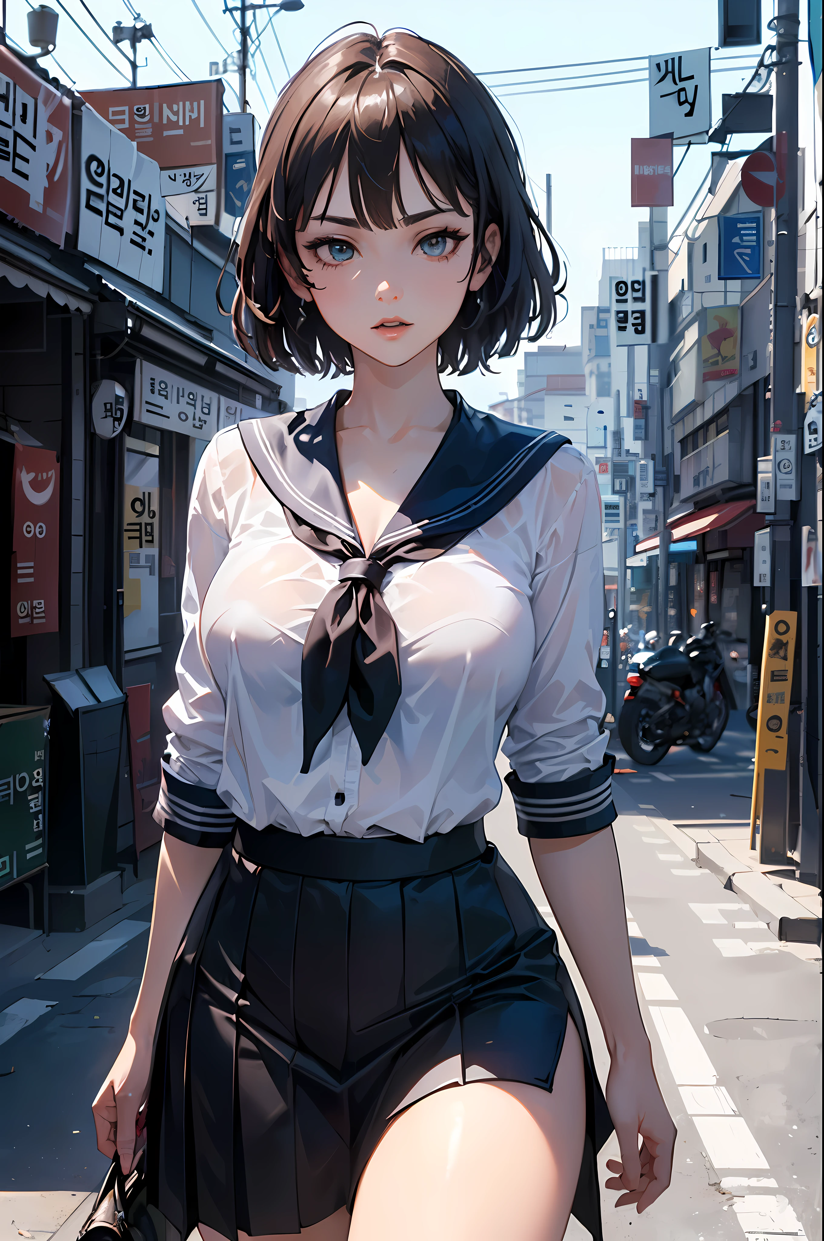 ((((masterpiece, best quality, high resolution)))), very detailed 8K, Beautiful girl with a slender body, (Ultra HD, very detailed, very detailed, very realistic, surreal, realistic photo), (1 woman:1.5), (Realistic black hair), (short wavy hair), bob cuts, Towards the camera, (Beautiful detailed face, beautiful and delicate eyes), wide hips, (big bust),(cowboy_firing:1.3), (perfect body:1.3),seductive pose, (milf:1.2) , (Hard) , (Seoul_distance_background:1.4), (White_marin_shirt:1.3),  (Black color_marin_skirt:1.3)