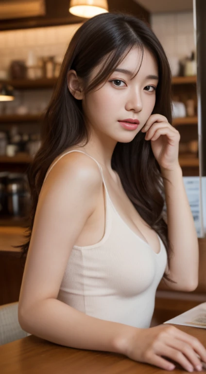 (realistically, High resolution:1.3), 1 girl with a perfect body, Very detailed face and eyes,long white hair, bare:1.2, in the coffee shop, Coffee on the table, big tits,