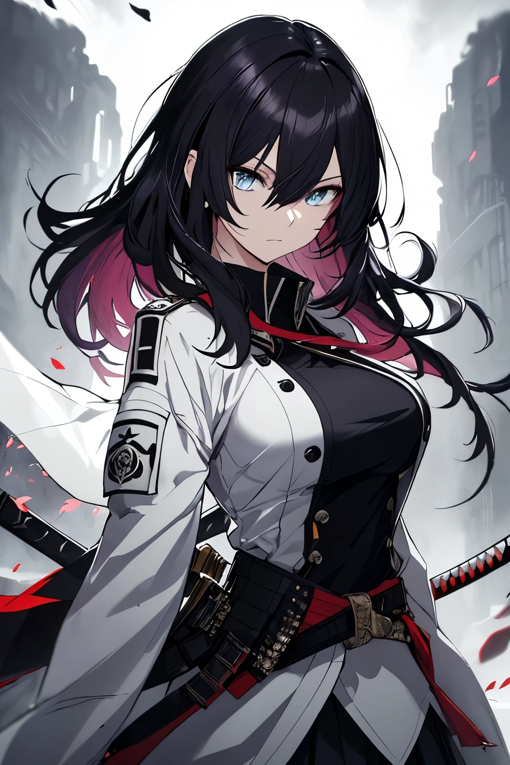 Japanese Katana Sword、Samurai sword、Full body、White one-piece military uniform、 Jet black head of hair,(masutepiece:1.2, Best Quality), (finely detailed beautiful eye: 1.2), (Detailed background,Dark Fantasy), (beautifull detailed face), High contrast, (Best Illumination, extremely delicate and beautiful), ((Cinematic Light)), Colorful, Hyper Detail, Dramatic light, Intricate details,Very blue eyes, Shining eyes, long hair flowing with the wind、large full breasts、Belt under the chest、White military uniform, skirt by the, large full breasts, Long hair fluttering in the wind, swords, jet-black hair, Blue eyes, Black tie, Belt under the chest, Serious look,