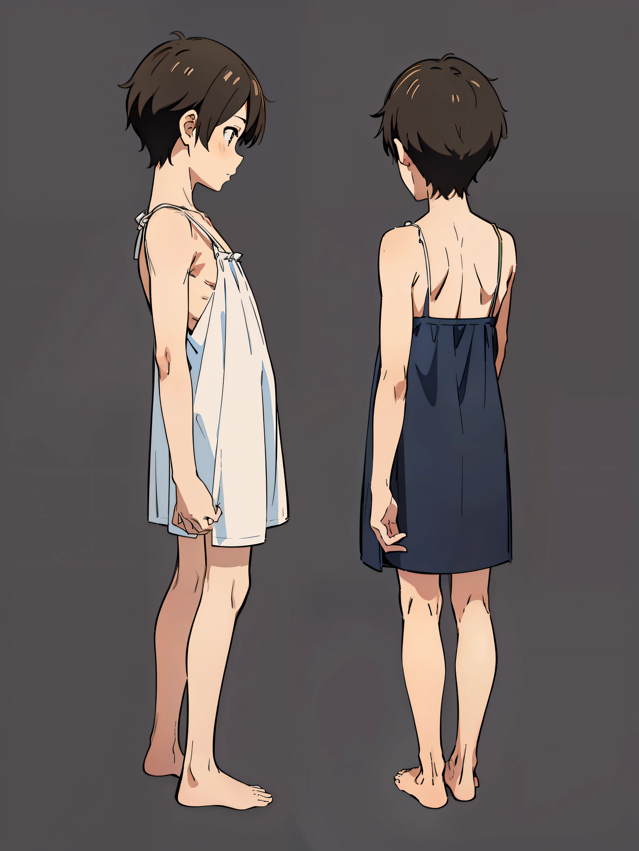 Highres, Masterpiece, Best quality at best,Best Quality,hight quality, hight detailed, 1boy, Shota, Slip dress, Body only, (very small and short stature), (very young boy), (very small and short body), -yeld bo Seen from behind, hansome, UHD, Smooth image