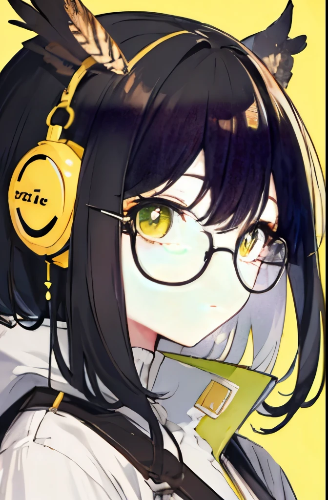 Beautiful owl girl yellow glasses yellow-green eyes black hair attractive